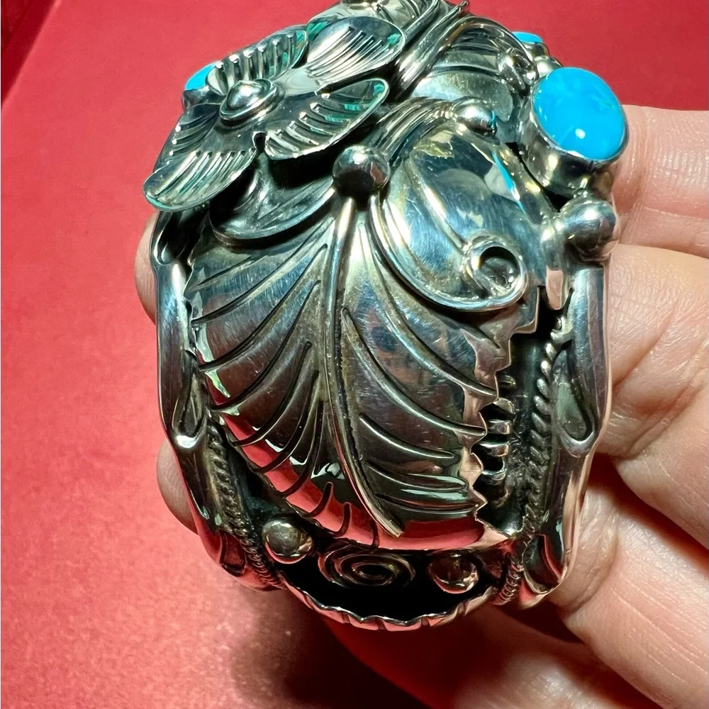 Vintage sterling silver Cuff Bracelet c11 925 Mexico Flower design/ turquoise - Picture 6 of 16